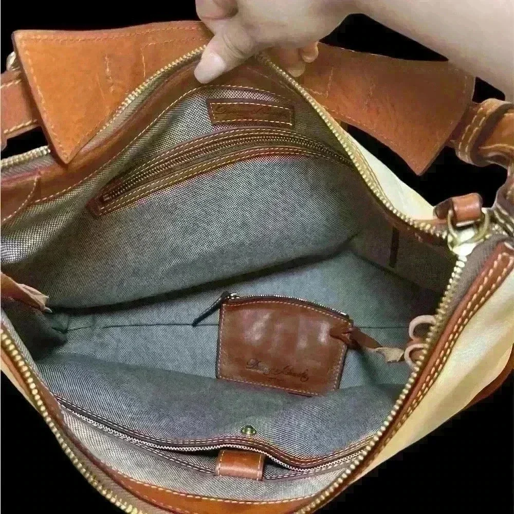 Dooney & Bourke Florentine Leather Large Satchel Cream Brown Bag Pockets
